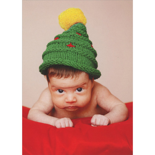 Serious Looking Baby Wearing Green Knit Tree Hat Box of 12 Funny Christmas Cards