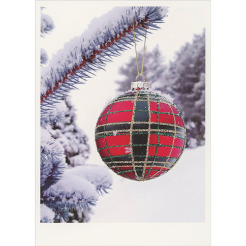 Red and Green Plaid Ornament Hanging from Snowy Pine Branch Box of 10 Christmas Cards