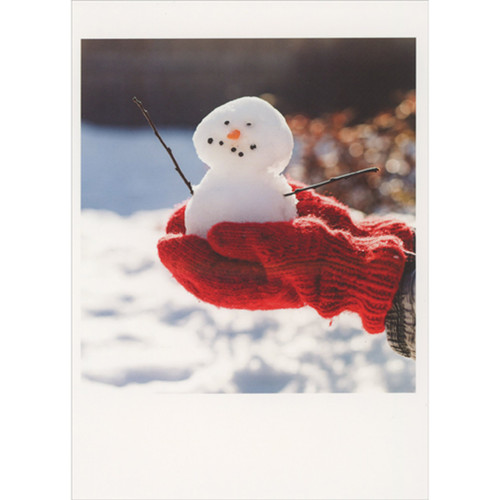Tiny Snowman Being Held in Red Mitten Covered Hands Christmas Card