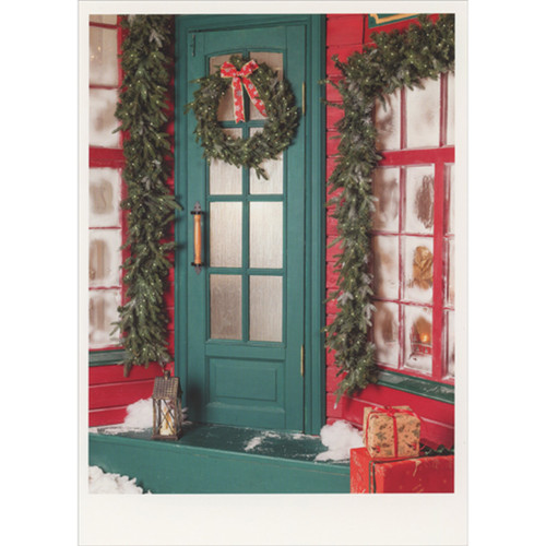 Green Door, Porch, Wreath and Red Framed Frosted Windows Christmas Card