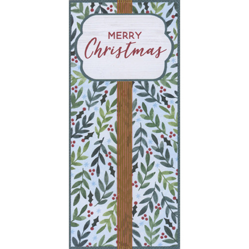 Merry Christmas Over Brown Column and Holly on Light Blue Package of 8 Christmas Money Holders / Gift Card Holders: Merry Christmas