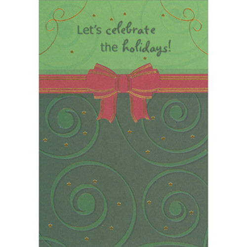 Let's Celebrate the Holidays Swirls on Green with Red Bow Package of 8 Christmas / Holiday Party Fill-In Invitations: Let's celebrate the holidays!