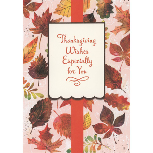 Banner and Red Vertical Line Over Falling Autumn Leaves on Pink Thanksgiving Card: Thanksgiving Wishes Especially for You