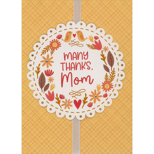 Round Scalloped 3D White Banner with Gems and Fall Images Over White Ribbon Handmade Thanksgiving Card for Mom: Many Thanks, Mom