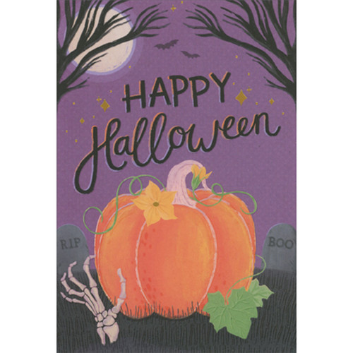 Skeleton Hand Reaching from Ground Near Pumpkin in Graveyard Package of 8 Halloween Cards: Happy Halloween