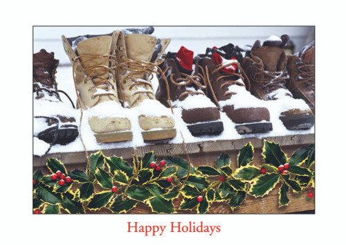 Snow Covered Boots on Wood Deck Contractor / Builder Box of 25 Custom Verse Holiday Cards: Happy Holidays