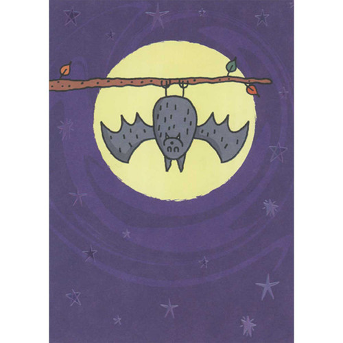 Smiling Bat Hanging Upside Down on Branch Funny Halloween Card