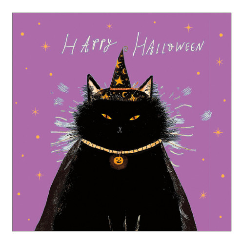 Long Hair Black Cat Wearing Magic Hat and Gold Necklace on Purple Halloween Card: Happy Halloween Long Hair Black Cat Wearing Magic Hat and Gold Necklace on Purple Halloween Card: Happy Halloween