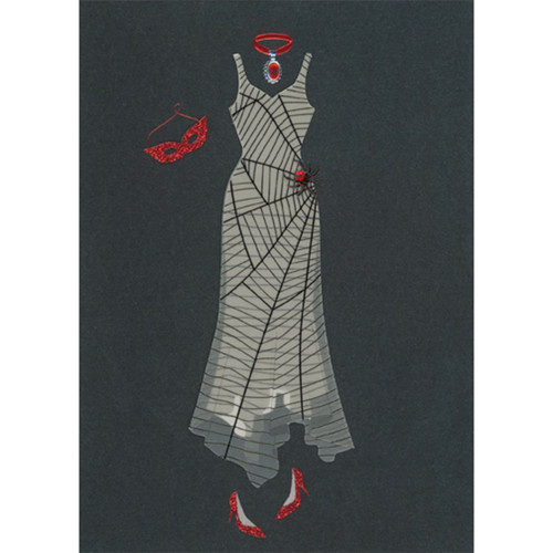 Embossed Spider Web Dress, Sparkling Red Mask and Shoes, 3D Red Gem Necklace and Spider Hand Decorated Halloween Card for Woman