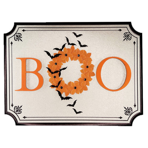 Boo: 3D Orange Letters, Orange Flower Wreath with Black Gems and 3D Bats Hand Decorated Halloween Card: BOO Boo: 3D Orange Letters, Orange Flower Wreath with Black Gems and 3D Bats Hand Decorated Halloween Card: BOO