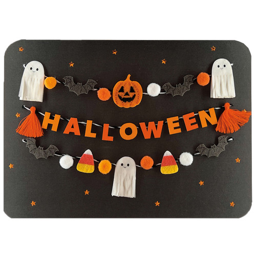 3D String Banners Hung with Felt Pumpkin, Bats and Candy Corn, 3D Ghosts and Pom Poms Hand Decorated Halloween Card: Halloween