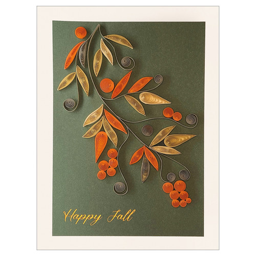 Happy Fall: Quilled Branch with Orange and Yellow Leaves 3D Hand Crafted Thanksgiving Card: Happy Fall