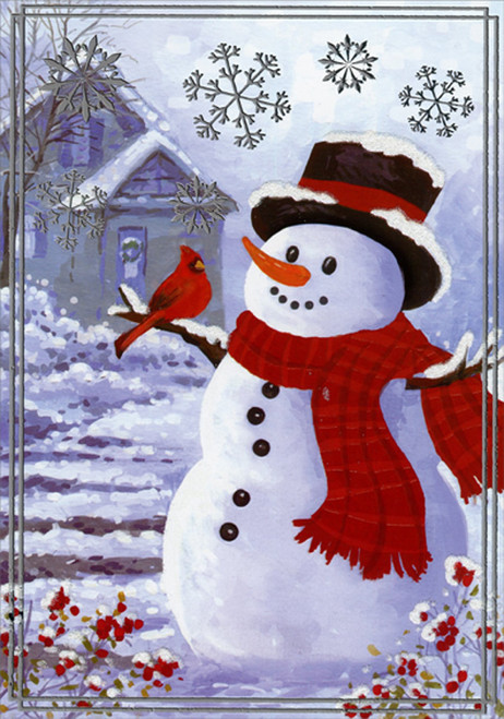 Snowman with Red Scarf, Cardinal and Silver Foil Snowflakes Box of 14 Christmas Cards
