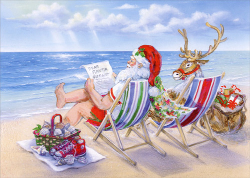 Santa Reading Gift List in Chair at Beach with Reindeer Warm Weather Box of 15 Christmas Cards: Dear Santa