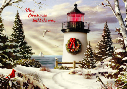 White Lighthouse with Large Wreath on Winter Path Box of 15 Coastal Christmas Cards: May Christmas light the way…