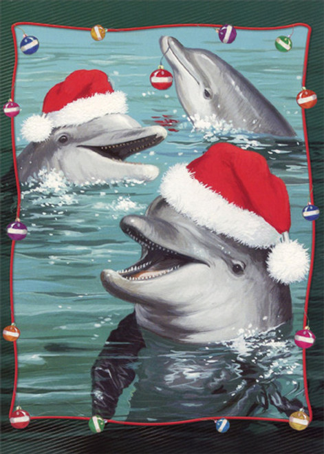 Dolphins with Santa Hats Inside Ornament Frame Warm Weather Christmas Card