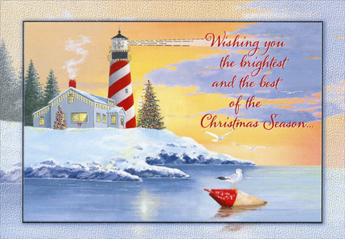 Brightest and Best: Red and White Lighthouse on Snow Covered Shore Coastal Christmas Card: Wishing you the brightest and the best of the Christmas Season…