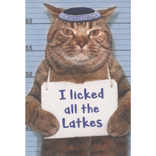 Cat Mugshot: I Licked All the Latkes Funny Hanukkah Card: I licked all the Latkes