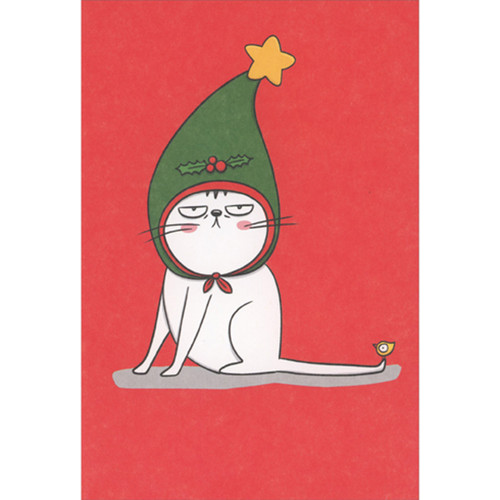 Annoyed Cat Wearing Very Tall Green Hat with Yellow Star Funny Christmas Card from Cat