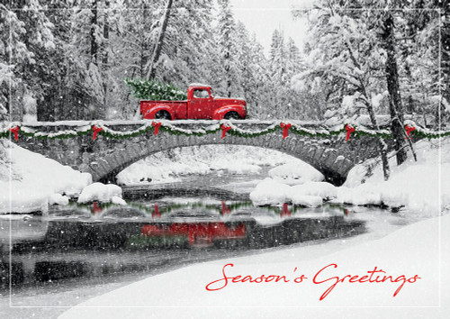 Red Truck Transporting Evergreen Tree Across Stone Bridge and Stream Box of 25 Custom Verse Holiday Cards: Season's Greetings