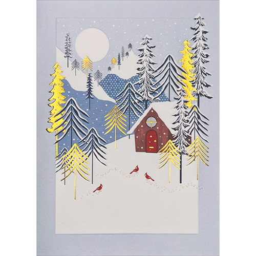 Snow Covered House, Cardinals, Foil Trees and Mountains Holiday Card Snow Covered House, Cardinals, Foil Trees and Mountains Holiday Card