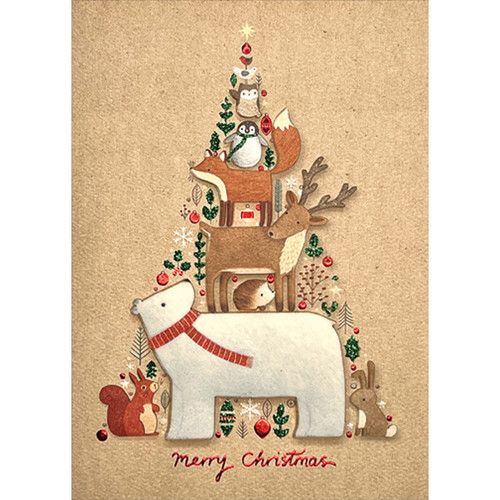 Tree Tower: 3D Die Cut Forest Animals Pyramid Hand Decorated Christmas Card: Merry Christmas Tree Tower: 3D Die Cut Forest Animals Pyramid Hand Decorated Christmas Card: Merry Christmas