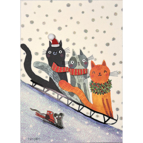 Cats Alongside Mouse and Cardinal Sledding Down Snowy Hill Hand Assembled 3D Christmas Card