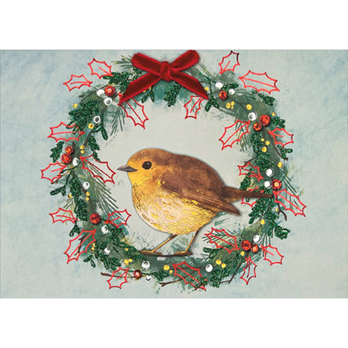 Robin Perched on Wreath with Red Gems and Bow 3D Hand Decorated Holiday Card Robin Perched on Wreath with Red Gems and Bow 3D Hand Decorated Holiday Card