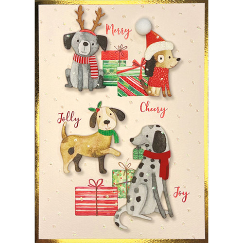 Merry, Jolly, Cheery, Joy: 3D Die Cut Dogs Wearing Festive Accessories Hand Decorated Christmas Card: Merry - Cheery - Jolly - Joy Merry, Jolly, Cheery, Joy: 3D Die Cut Dogs Wearing Festive Accessories Hand Decorated Christmas Card: Merry - Cheery - Jolly - Joy