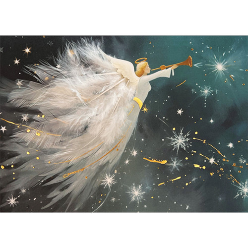 Elegant Angel with Gold Horn and 3D Die Cut White Wings with Feathers Hand Decorated Christmas Card Elegant Angel with Gold Horn and 3D Die Cut White Wings with Feathers Hand Decorated Christmas Card