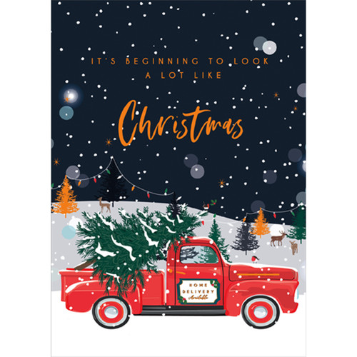 Beginning to Look a Lot Like: Vintage Red Pickup Truck Transporting Tree Christmas Card: It’s beginning to look a lot like Christmas