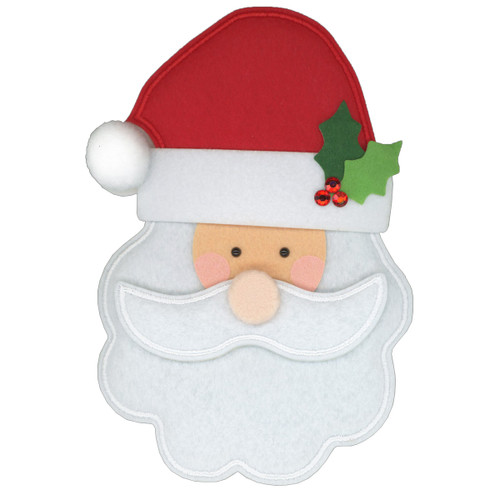Layered 3D Felt Santa Face with 3D Gems and Holly on Hat Hand Decorated Christmas Card