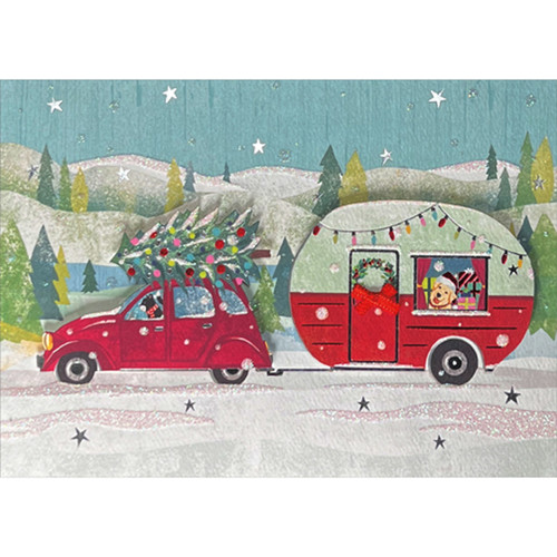 Cat Driving Car and Pulling Camper with Dog Inside 3D Die Cut Hand Decorated Christmas Card