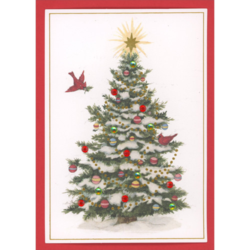 Snowy Tree with Red and Green Gem Ornaments and Cardinals 3D Hand Decorated Christmas Card Snowy Tree with Red and Green Gem Ornaments and Cardinals 3D Hand Decorated Christmas Card