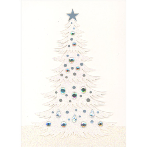 Sparkling White Die Cut Tree with 3D Silver Gem Ornaments Hand Decorated Christmas Card Sparkling White Die Cut Tree with 3D Silver Gem Ornaments Hand Decorated Christmas Card