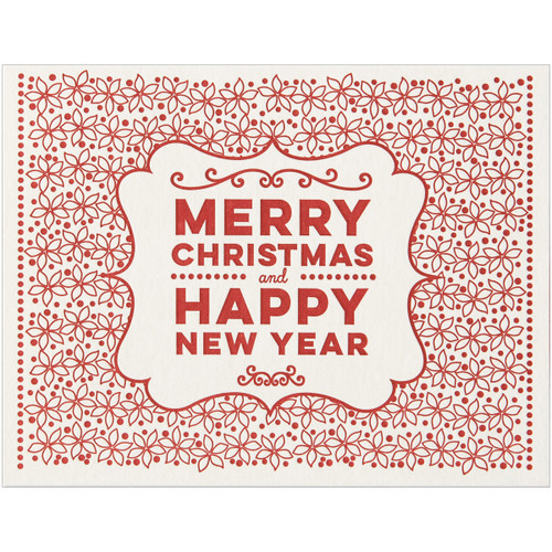 Repeating Red Poinsettias and Dots Around Curving Banner Letterpress Christmas Card: Merry Christmas and Happy New Year