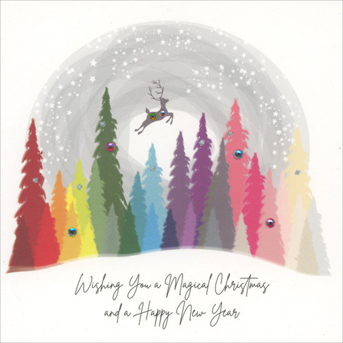 Reindeer Flying Over Rainbow Colored Forest Decorated with 3D Gems Hand Decorated Christmas Card: Wishing you a Magical Christmas and a Happy New Year Reindeer Flying Over Rainbow Colored Forest Decorated with 3D Gems Hand Decorated Christmas Card: Wishing you a Magical Christmas and a Happy New Year