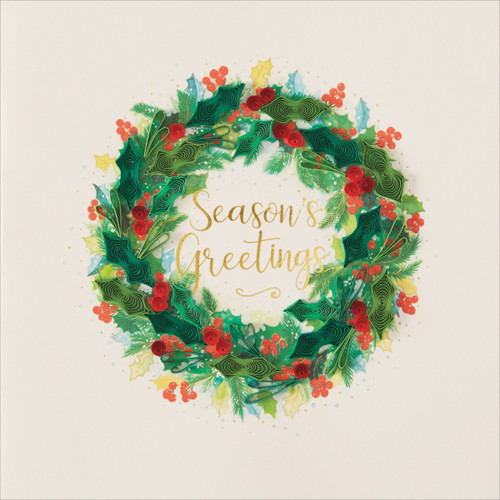Quilling Wreath with Light and Dark Green Leaves and Red Berries 3D Hand Made Holiday / Season's Greetings Card: Season's Greetings