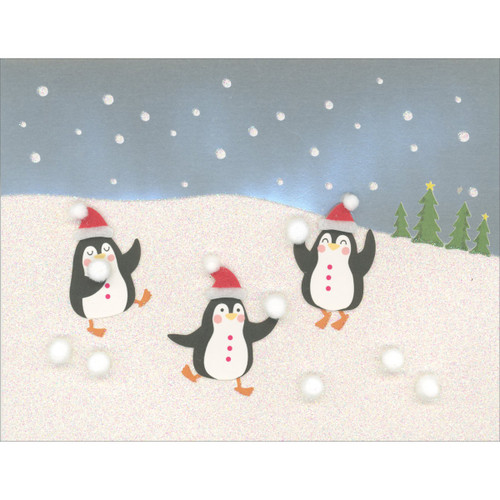 Three Penguins Playing with 3D Pom Pom Snowballs in Sparkling Snow Hand Decorated Christmas Card