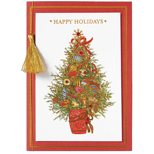 Small Tree Decorated with Gold Foil Asian Fans and Red Gems 3D Hand Decorated Holiday Card: Happy Holidays