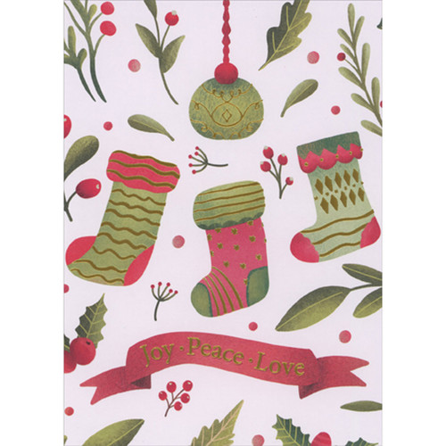 Joy, Peace, Love Banner, Light Green Stockings, Ornament and Holly Box of 15 Christmas Cards: Joy - Peace - Love