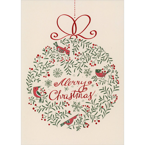 Red and Green Ornament of Holly Branches, Snowflakes and Birds Christmas Card: Merry Christmas