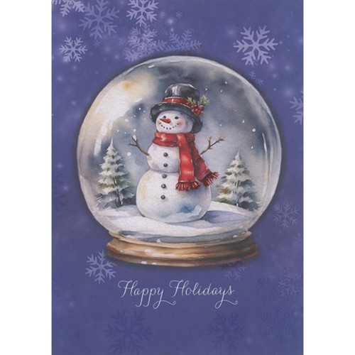 Happy Holidays Snowglobe: Snowman with Red Scarf and Small Trees on Blue Christmas Card: Happy Holidays