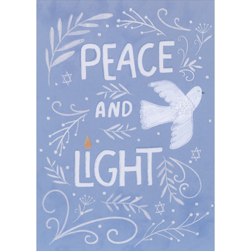 Peace and Light: White Dove, Branches and Small Stars on Blue Hanukkah Card: Peace and Light
