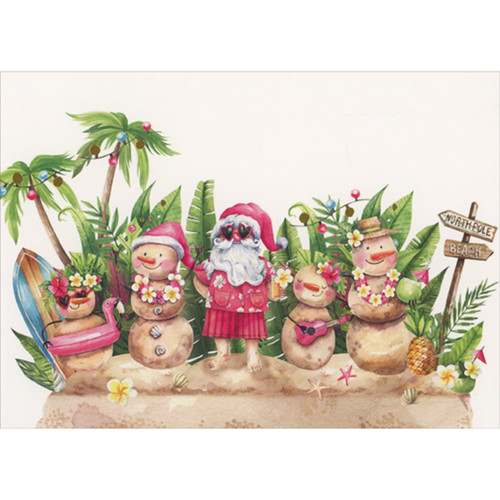 Group of Sand Snowmen and Santa in Front of Palm Trees and Tropical Leaves Christmas Card