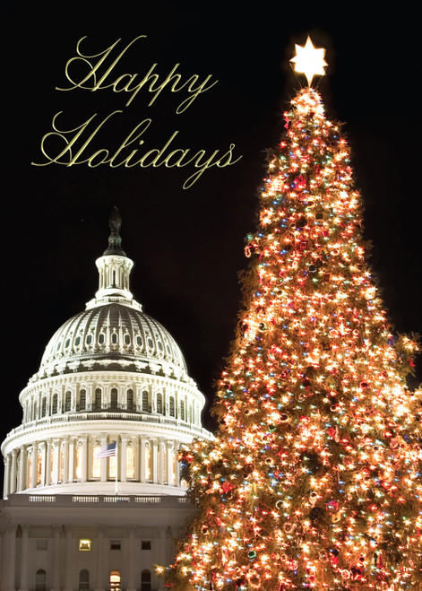 Tree and Capitol Building at Night in Washington, DC Box of 25 Custom Verse Holiday Cards: Happy Holidays