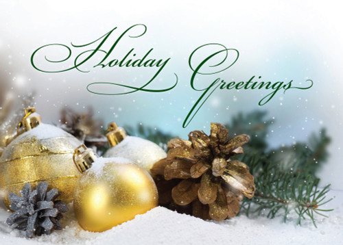 Glittering Gold Ornaments and Pine Cone in Snow Box of 25 Custom Verse Holiday Cards: Holiday Greetings