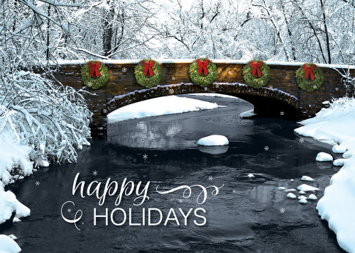 Holiday Thaw: Five Wreaths on Stone Bridge Over Stream Box of 25 Custom Verse Holiday Cards: Happy Holidays
