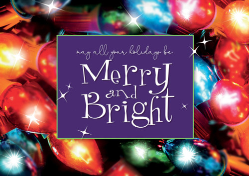 Merry and Bright Banner Over Colorful Lights Closeup Photo Box of 25 Custom Verse Holiday Cards: may all your holidays be merry and bright