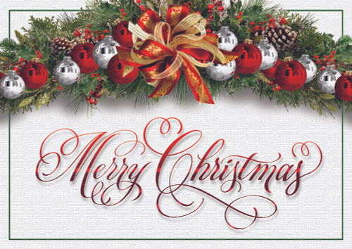 Pine Swag, Red and Silver Ornaments and Red and Gold Bow Box of 25 Custom Verse Christmas Cards: Merry Christmas